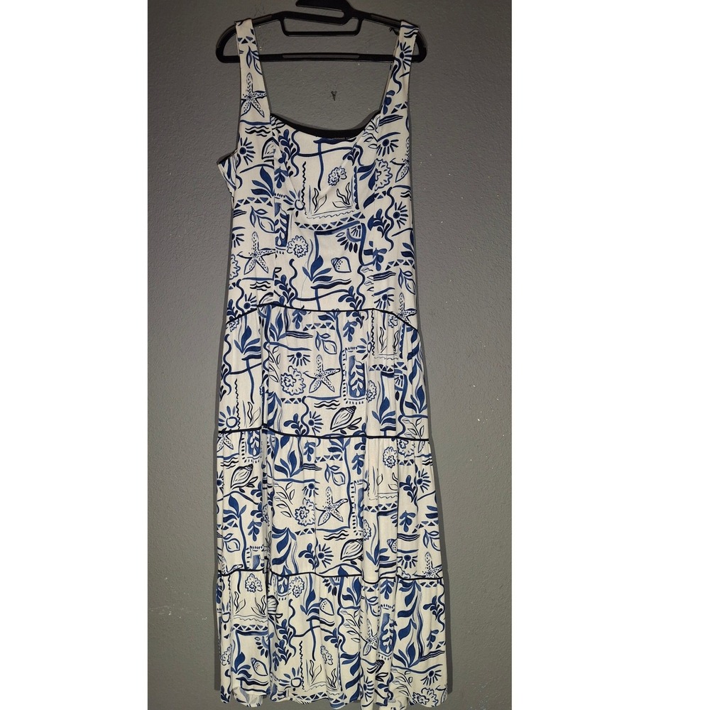 CeCe Blue White Nautical Starfish Print Tiered Linen Blend Maxi Dress XL NEW